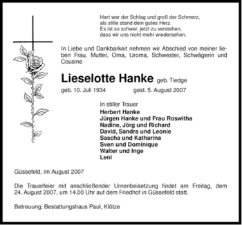 Traueranzeige von Lieselotte Hanke von ALLGEMEINE ZEITUNG UELZEN