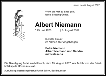 Traueranzeige von Albert Niemann von ALLGEMEINE ZEITUNG UELZEN