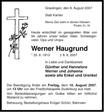 Traueranzeige von Werner Haugrund von ALLGEMEINE ZEITUNG UELZEN