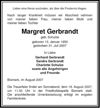 Traueranzeige von Margret Gerbrandt von ALLGEMEINE ZEITUNG UELZEN