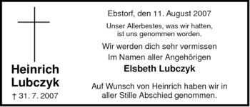 Traueranzeige von Heinrich Lubczyk von ALLGEMEINE ZEITUNG UELZEN