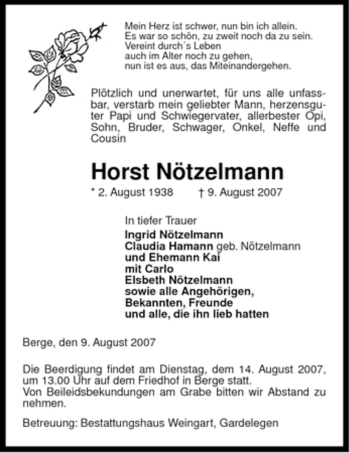 Traueranzeige von Horst Nötzelmann von ALLGEMEINE ZEITUNG UELZEN