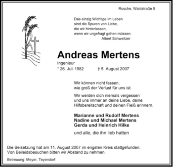 Traueranzeige von Andreas Mertens von ALLGEMEINE ZEITUNG UELZEN