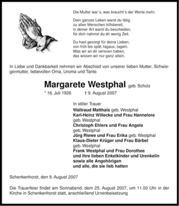 Traueranzeige von Margarete Westphal von ALLGEMEINE ZEITUNG UELZEN