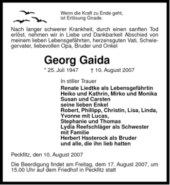 Traueranzeige von Georg Gaida von ALLGEMEINE ZEITUNG UELZEN