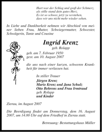 Traueranzeige von Ingrid Krenz von ALLGEMEINE ZEITUNG UELZEN