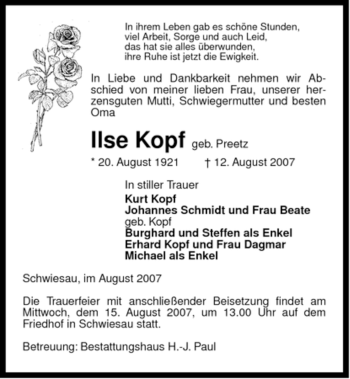 Traueranzeige von Ilse Kopf von ALLGEMEINE ZEITUNG UELZEN