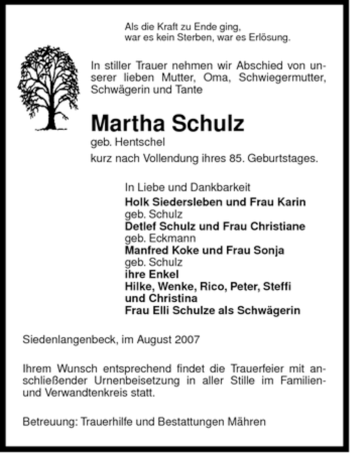 Traueranzeige von Martha Schulz von ALLGEMEINE ZEITUNG UELZEN