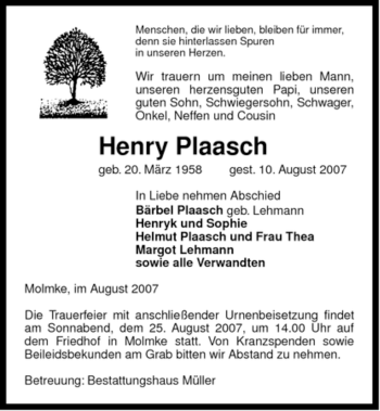 Traueranzeige von Henry Plaasch von ALLGEMEINE ZEITUNG UELZEN