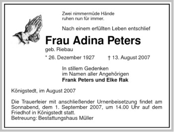 Traueranzeige von Frau Adina von ALLGEMEINE ZEITUNG UELZEN