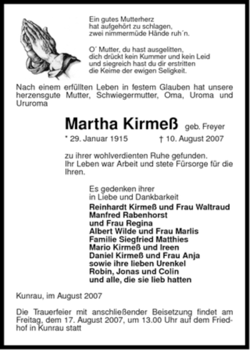 Traueranzeige von Martha Kirmeß von ALLGEMEINE ZEITUNG UELZEN