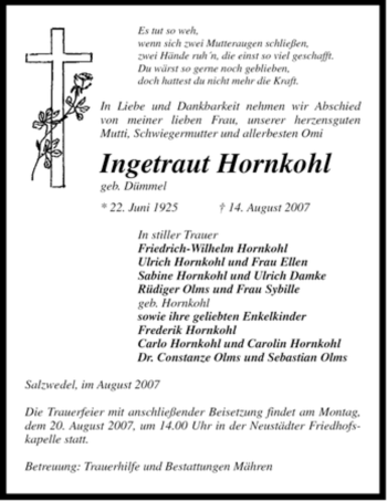 Traueranzeige von Ingetraut Hornkohl von ALLGEMEINE ZEITUNG UELZEN