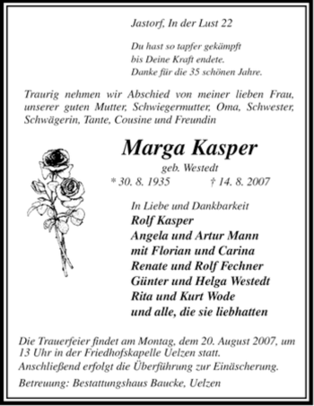 Traueranzeige von Marga Kasper von ALLGEMEINE ZEITUNG UELZEN