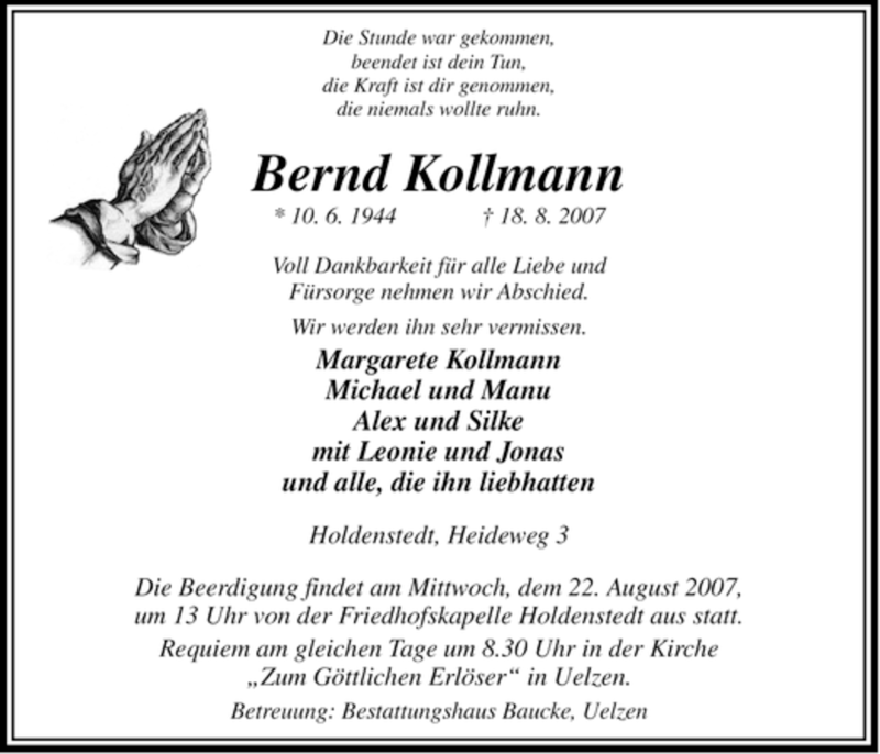  Traueranzeige für Bernd Kollmann vom 20.08.2007 aus ALLGEMEINE ZEITUNG UELZEN