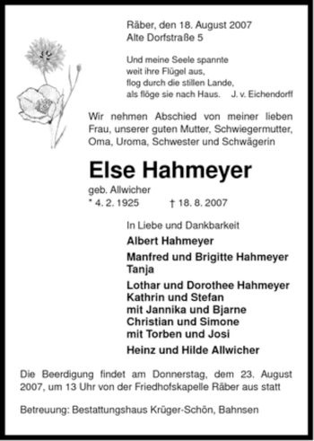 Traueranzeige von Else Hahmeyer von ALLGEMEINE ZEITUNG UELZEN