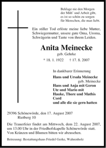 Traueranzeige von Anita Meinecke von ALLGEMEINE ZEITUNG UELZEN