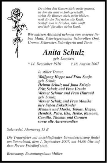 Traueranzeige von Anita Schulz von ALLGEMEINE ZEITUNG UELZEN