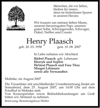 Traueranzeige von Henry Plaasch von ALLGEMEINE ZEITUNG UELZEN