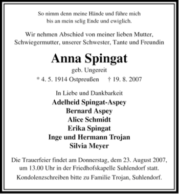 Traueranzeige von Anna Spingat von ALLGEMEINE ZEITUNG UELZEN