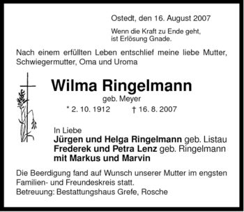 Traueranzeige von Wilma Ringelmann von ALLGEMEINE ZEITUNG UELZEN