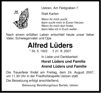 Traueranzeige von Alfred Lüders von ALLGEMEINE ZEITUNG UELZEN