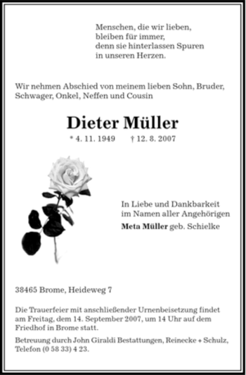 Traueranzeige von Dieter Müller von ALLGEMEINE ZEITUNG UELZEN