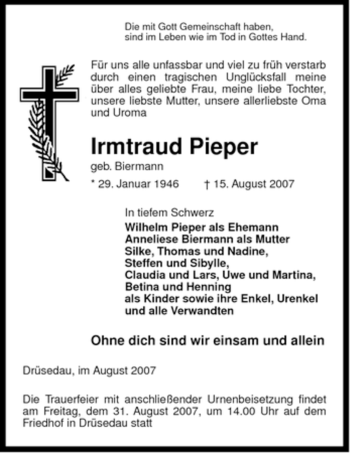 Traueranzeige von Irmtraut Pieper von ALLGEMEINE ZEITUNG UELZEN