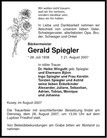 Traueranzeige von Gerald Spiegler von ALLGEMEINE ZEITUNG UELZEN