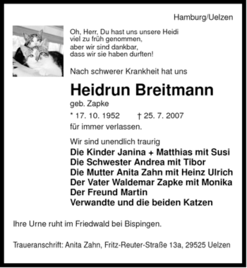 Traueranzeige von Heidrun Breitmann von ALLGEMEINE ZEITUNG UELZEN