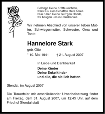 Traueranzeige von Hannelore Stark von ALLGEMEINE ZEITUNG UELZEN