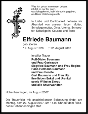 Traueranzeige von Elfriede Baumann von ALLGEMEINE ZEITUNG UELZEN