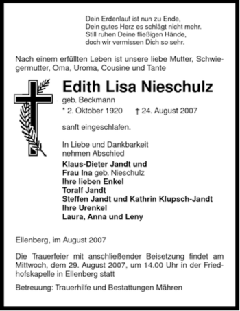 Traueranzeige von Edith Lisa von ALLGEMEINE ZEITUNG UELZEN