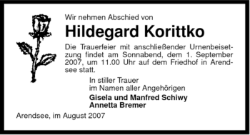 Traueranzeige von Hildegard Korittko von ALLGEMEINE ZEITUNG UELZEN
