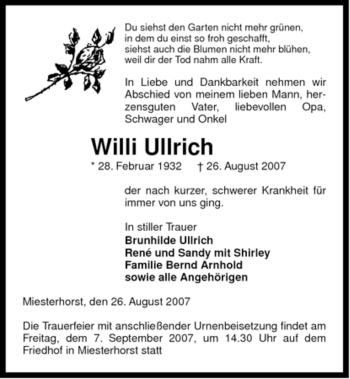 Traueranzeige von Willi Ullrich von ALLGEMEINE ZEITUNG UELZEN