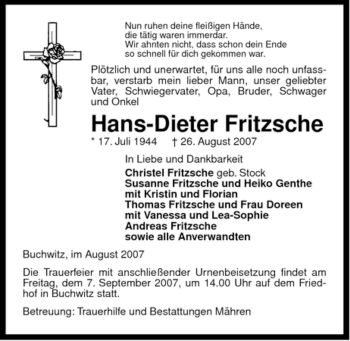 Traueranzeige von Hans-Dieter Fritzsche von ALLGEMEINE ZEITUNG UELZEN