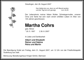 Traueranzeige von Martha Cohrs von ALLGEMEINE ZEITUNG UELZEN