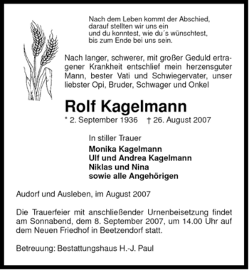 Traueranzeige von Rolf Kagelmann von ALLGEMEINE ZEITUNG UELZEN