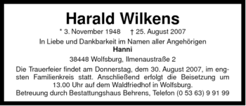 Traueranzeige von Harald Wilkens von ALLGEMEINE ZEITUNG UELZEN