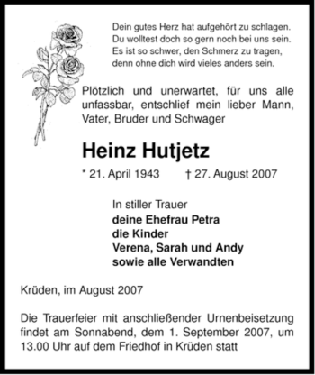 Traueranzeige von Heinz Hutjetz von ALLGEMEINE ZEITUNG UELZEN