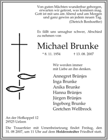 Traueranzeige von Michael Brunke von ALLGEMEINE ZEITUNG UELZEN