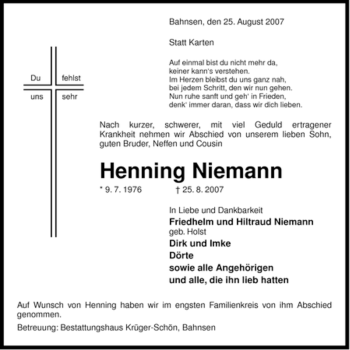 Traueranzeige von Henning Niemann von ALLGEMEINE ZEITUNG UELZEN