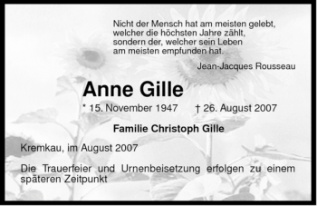 Traueranzeige von Anne Gille von ALLGEMEINE ZEITUNG UELZEN