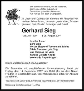 Traueranzeige von Gerhard Sieg von ALLGEMEINE ZEITUNG UELZEN
