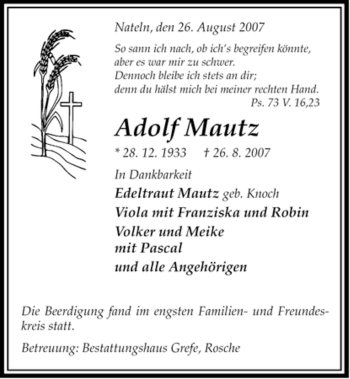 Traueranzeige von Adolf Mautz von ALLGEMEINE ZEITUNG UELZEN