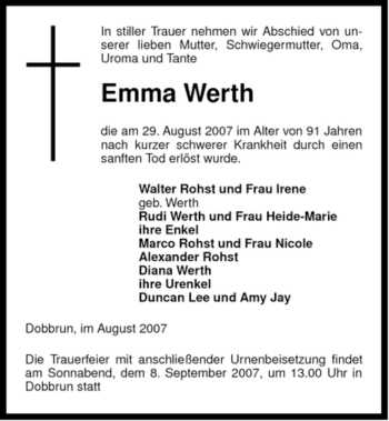 Traueranzeige von Emma Werth von ALLGEMEINE ZEITUNG UELZEN