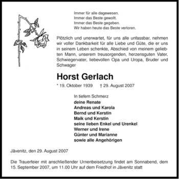Traueranzeige von Horst Gerlach von ALLGEMEINE ZEITUNG UELZEN