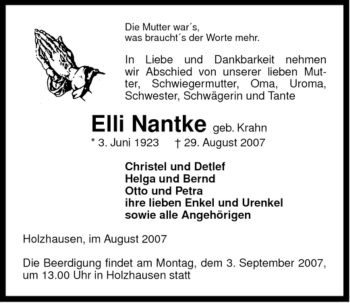 Traueranzeige von Elli Nantke von ALLGEMEINE ZEITUNG UELZEN