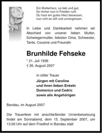 Traueranzeige von Brunhilde Fehseke von ALLGEMEINE ZEITUNG UELZEN