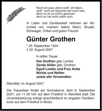 Traueranzeige von Günter Grothen von ALLGEMEINE ZEITUNG UELZEN