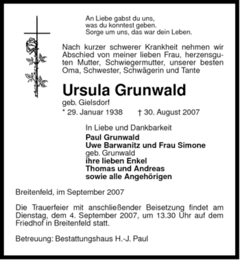 Traueranzeige von Ursula Grunwald von ALLGEMEINE ZEITUNG UELZEN